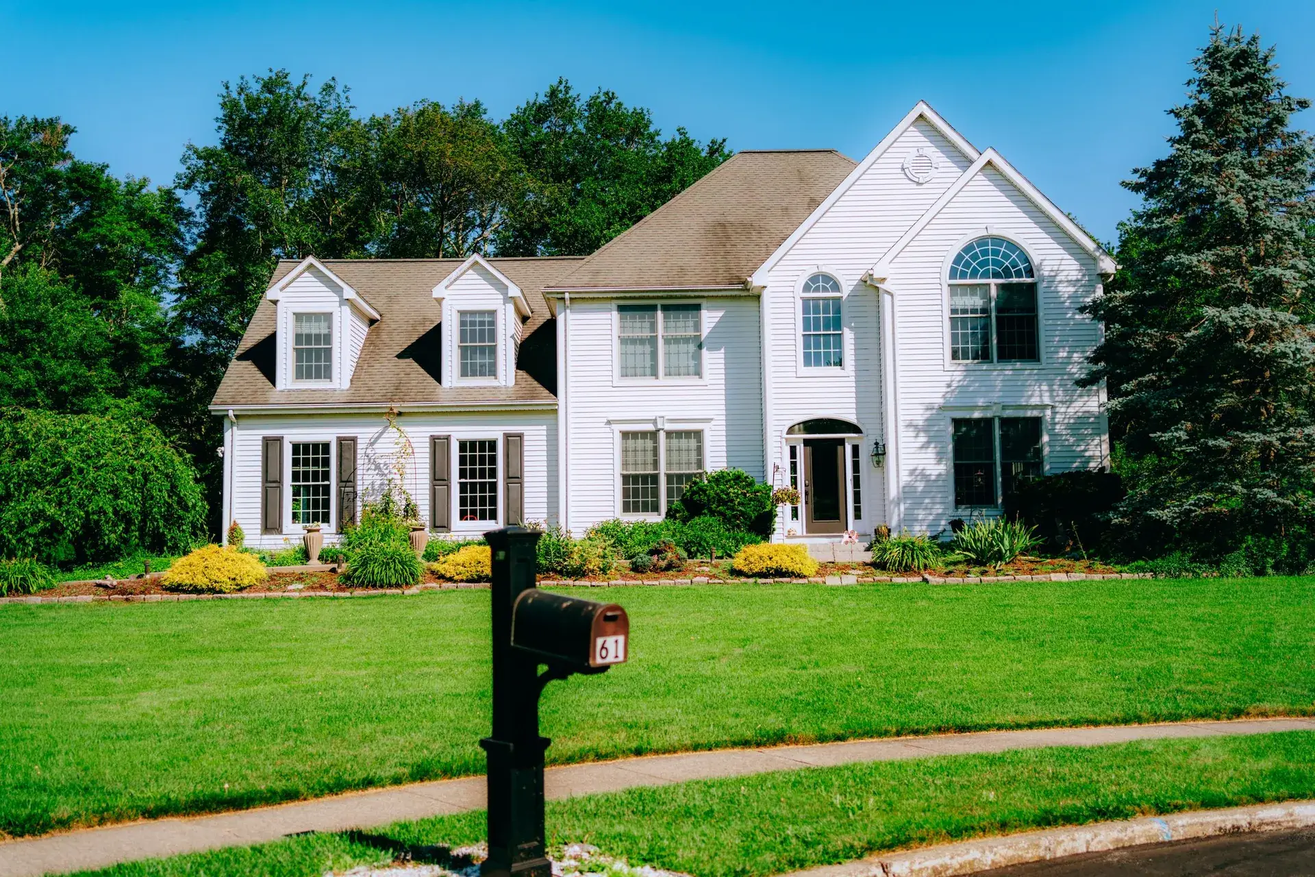 Mowed front lawn with mature trees and a mailbox at the curb.